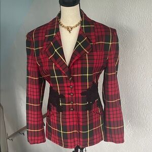 Ninety Womens Wool Vintage Red Tartan Plaid w Floral embroidery blazer jacket 6‎